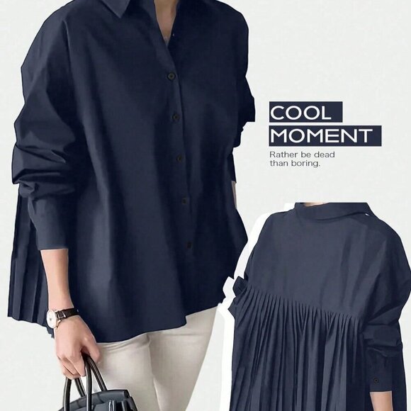 Navy Blue Casual Women's Loose Pleated Oversize Elegant Long-sleeved shirt - Picture 3 of 3